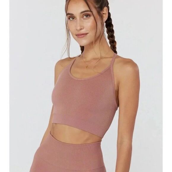 Spiritual Gangster Tops - Spiritual Gangster Tan Brown Seamless Icon T Back Ribbed Sports Bra Xs Small